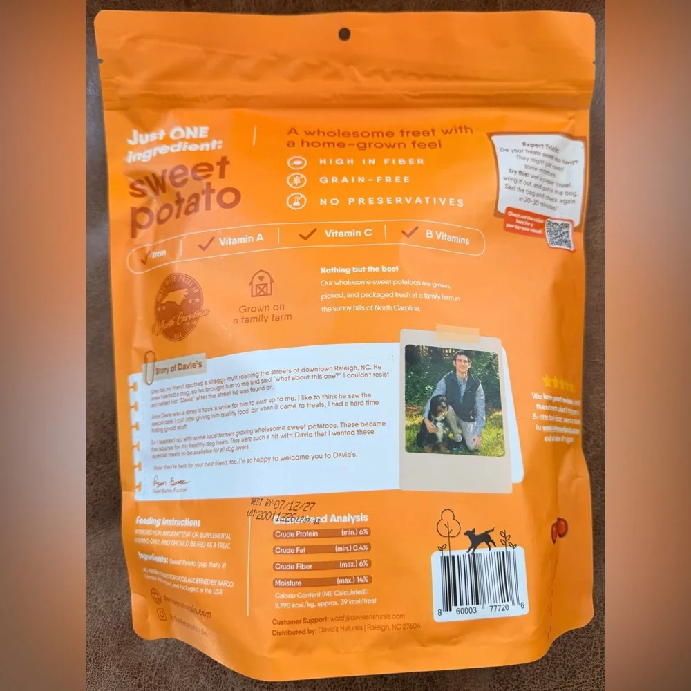 NWT Davie's Naturals Sweet Potato Dog Treats Chews, Low Fat - 1 lb. Bag